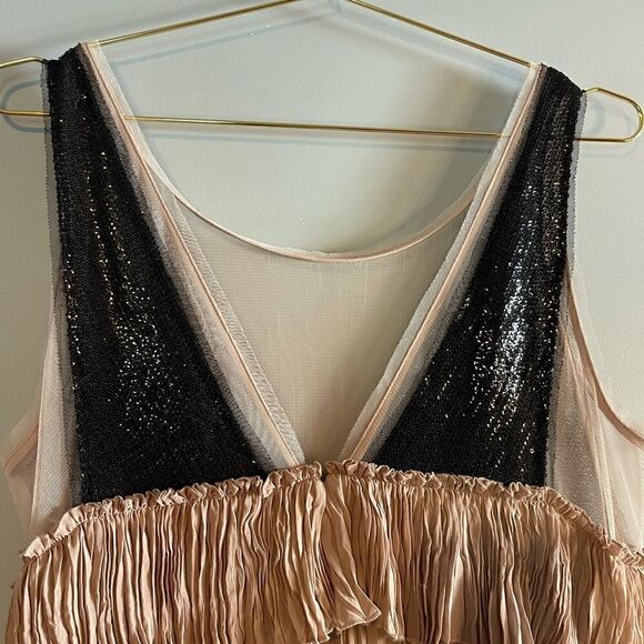 BCBGMAXAZRIA Averil Sequin Pleated Tiered Sleeveless Mesh Mini Dress | SZ L - Picture 14 of 17